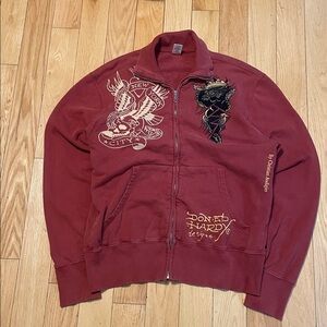 Ed Hardy Maroon Jacket with Dragon and City Graphics